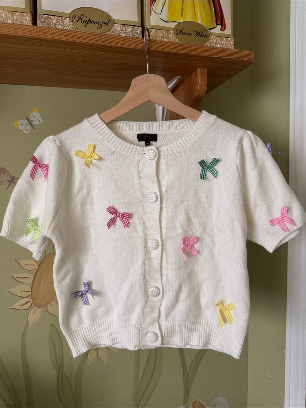 White Short-Sleeve Top with Colorful Gingham Bows